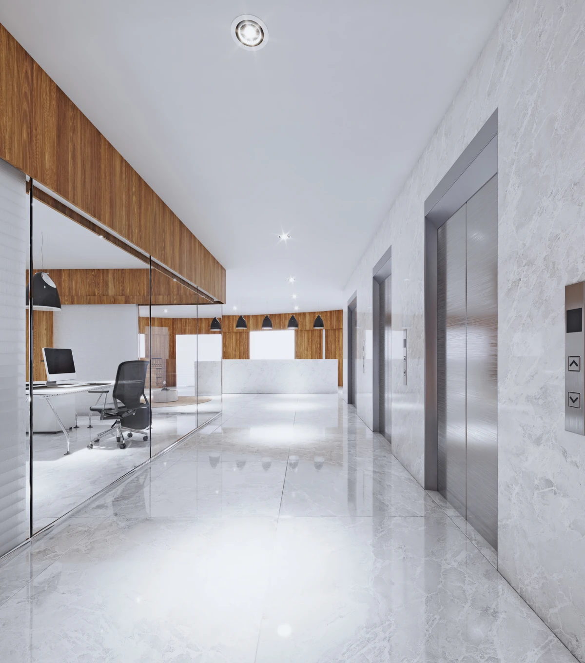 Modern office hallway with elevators and desk.